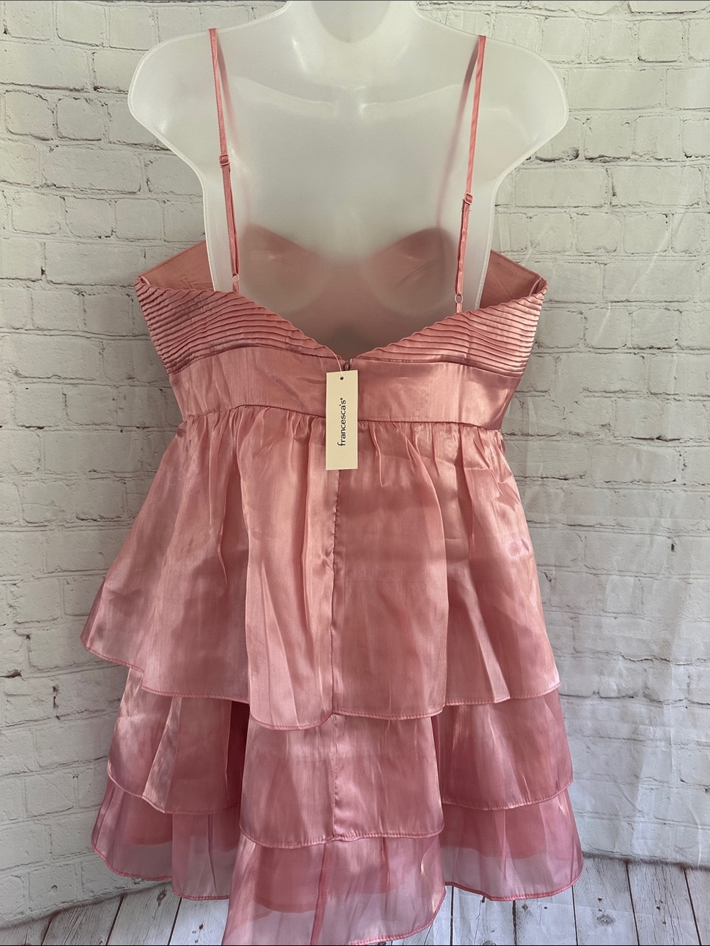 Francesca’s Mi ami Pink Satin Pin Tuck Tiered Spaghetti-Strap Dress size L - Picture 7 of 13